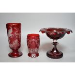 Two Bohemian Red stained glass vases and a comport, tallest 17cms high