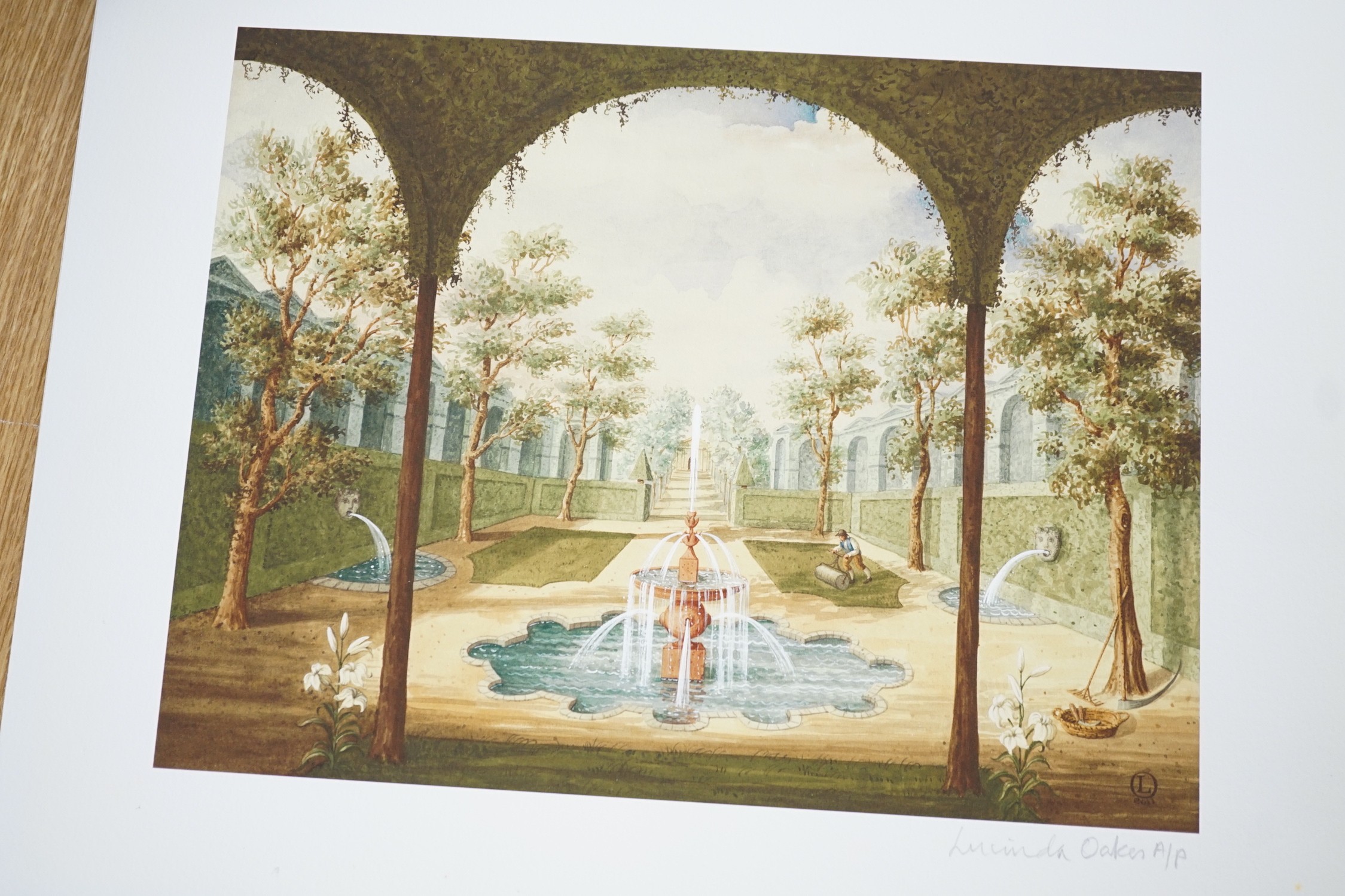 Lucinda Oakes, eight offset lithographs with hand-tinting, 18th century gardens with fountains, four - Image 3 of 3