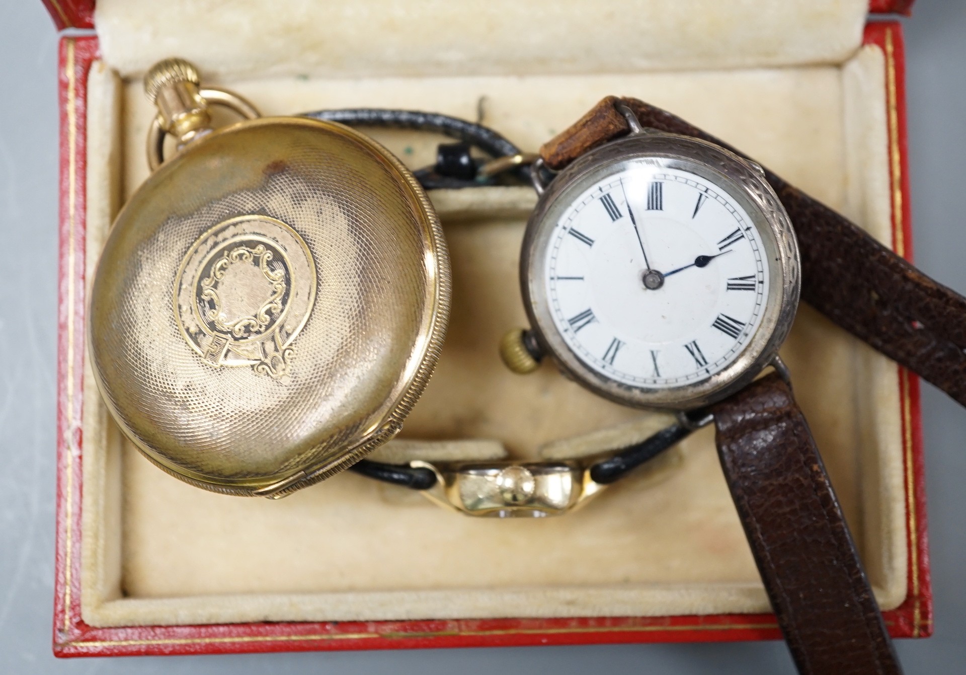 A lady's 10k gold filled Longines wrist watch, original box, a gold plated fob watch and a silver