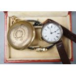 A lady's 10k gold filled Longines wrist watch, original box, a gold plated fob watch and a silver