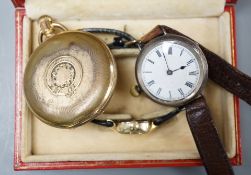 A lady's 10k gold filled Longines wrist watch, original box, a gold plated fob watch and a silver