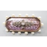 An Edwardian yellow metal, seed pearl, diamond and enamel set brooch, 31m, gross weight 5.4 grams.