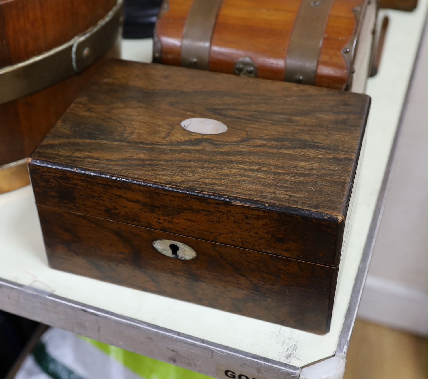 A Victorian four bottle decanter box with brass mounts, a similar 2 bottle box and two other boxes - Image 2 of 5