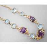 A gilt 925 amethyst pebble and gem set necklace, 42cm.