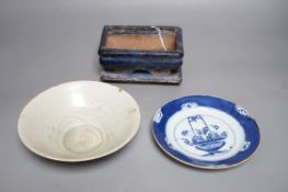 A Chinese blue and white plate a pottery planter and stand and a Qingbai type bowl, bowl 16.5cms