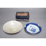 A Chinese blue and white plate a pottery planter and stand and a Qingbai type bowl, bowl 16.5cms