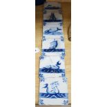 A group of six 18th/19th century blue and white Delft tiles, 13cms square