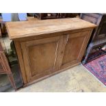 A Victorian pine two door side cabinet, width 124cm, depth 44cm, height 84cm