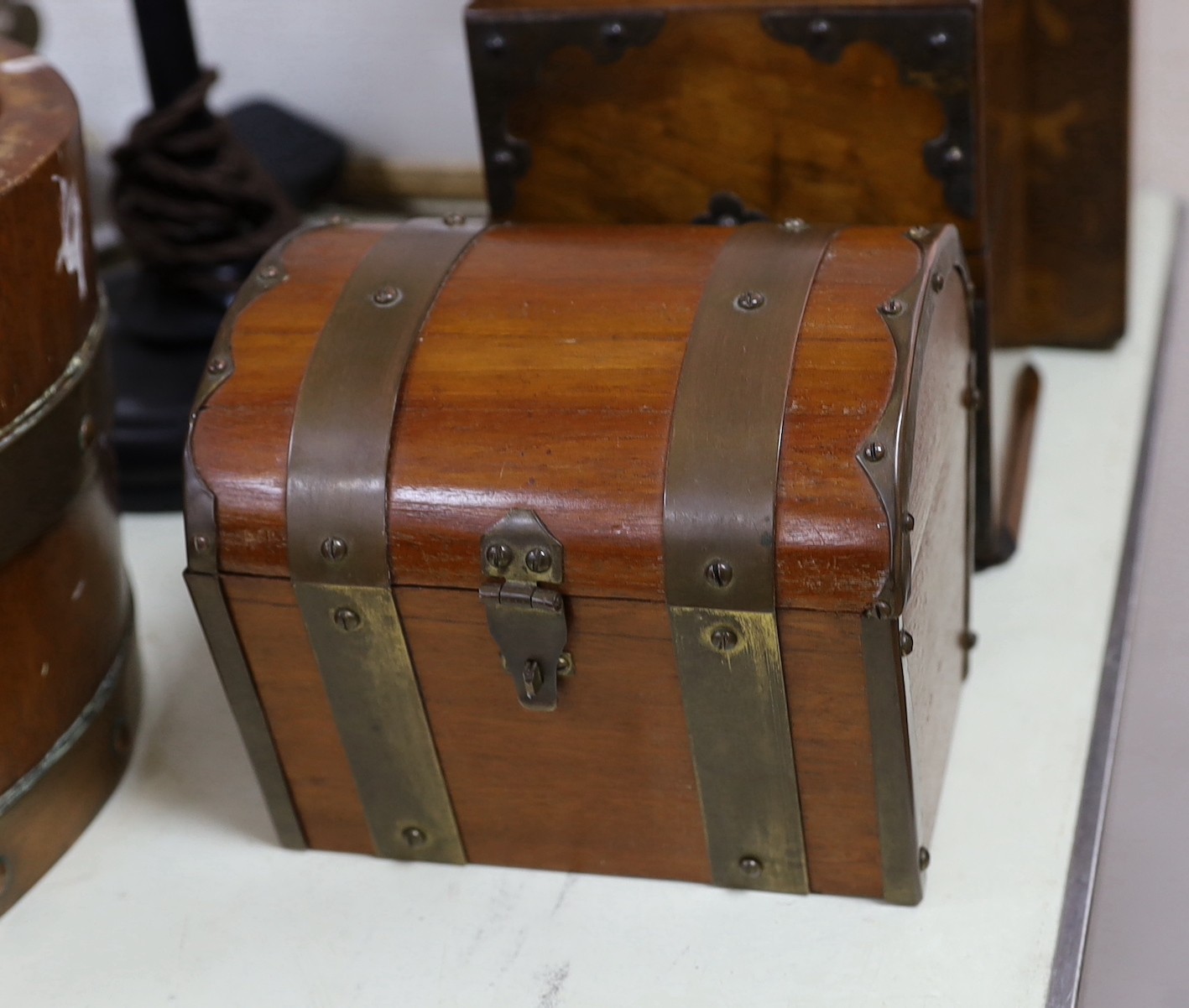 A Victorian four bottle decanter box with brass mounts, a similar 2 bottle box and two other boxes - Image 3 of 5