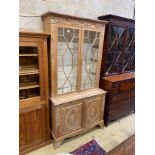 A George III style stripped pine bookcase cupboard, width 118cm, depth 55cm, height 228cm
