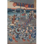 Japanese School, two woodblock prints, Procession of figures, 35 x 23cm and Two geisha, 39 x 26cm,