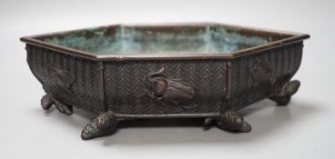 A Meiji period Japanese bronze hexagonal tray, signed to base. 29cm long