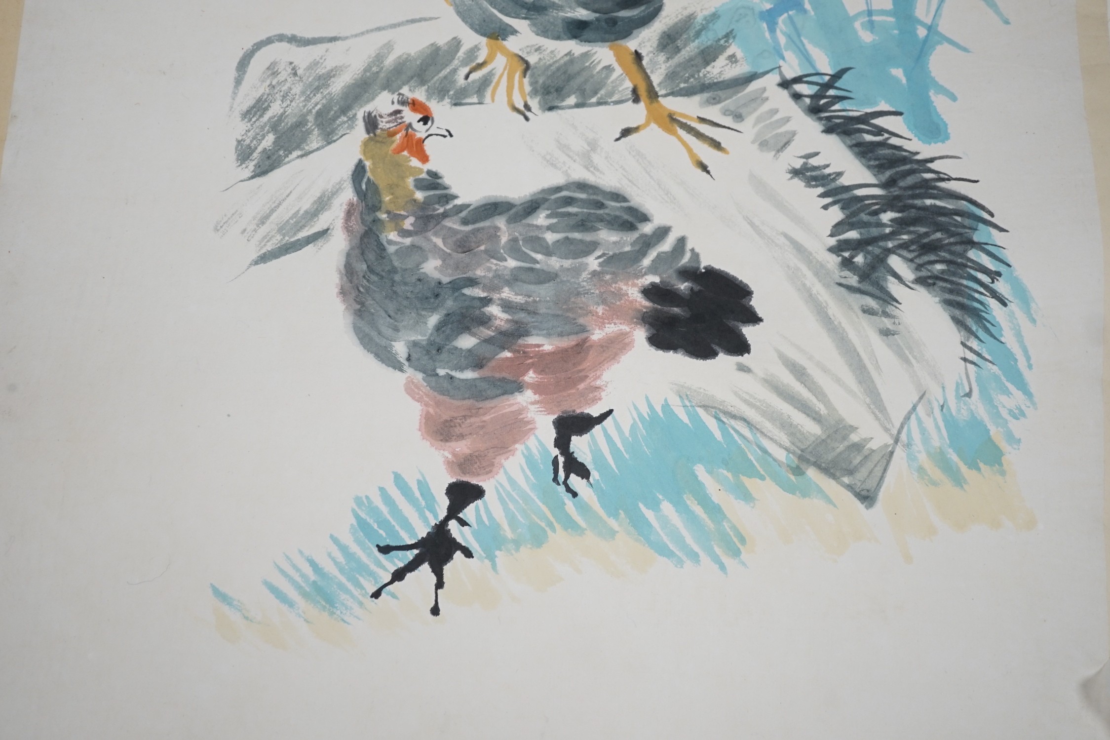 Chinese School, watercolour, Study of chickens, 72 x 48cm, unframed - Image 4 of 4