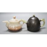 A Chinese jade wine pot and a Yixing pewter and bowenite jade mounted tea pot (2)