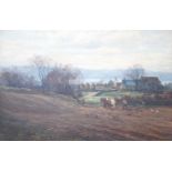 English School, oil on canvas, Ploughing scene, indistinctly signed, 29 x 44cm