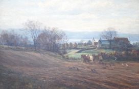 English School, oil on canvas, Ploughing scene, indistinctly signed, 29 x 44cm