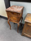 A 19th century French rosewood marble topped bedside table, width 38cm, depth 38cm, height 85cm