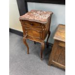 A 19th century French rosewood marble topped bedside table, width 38cm, depth 38cm, height 85cm