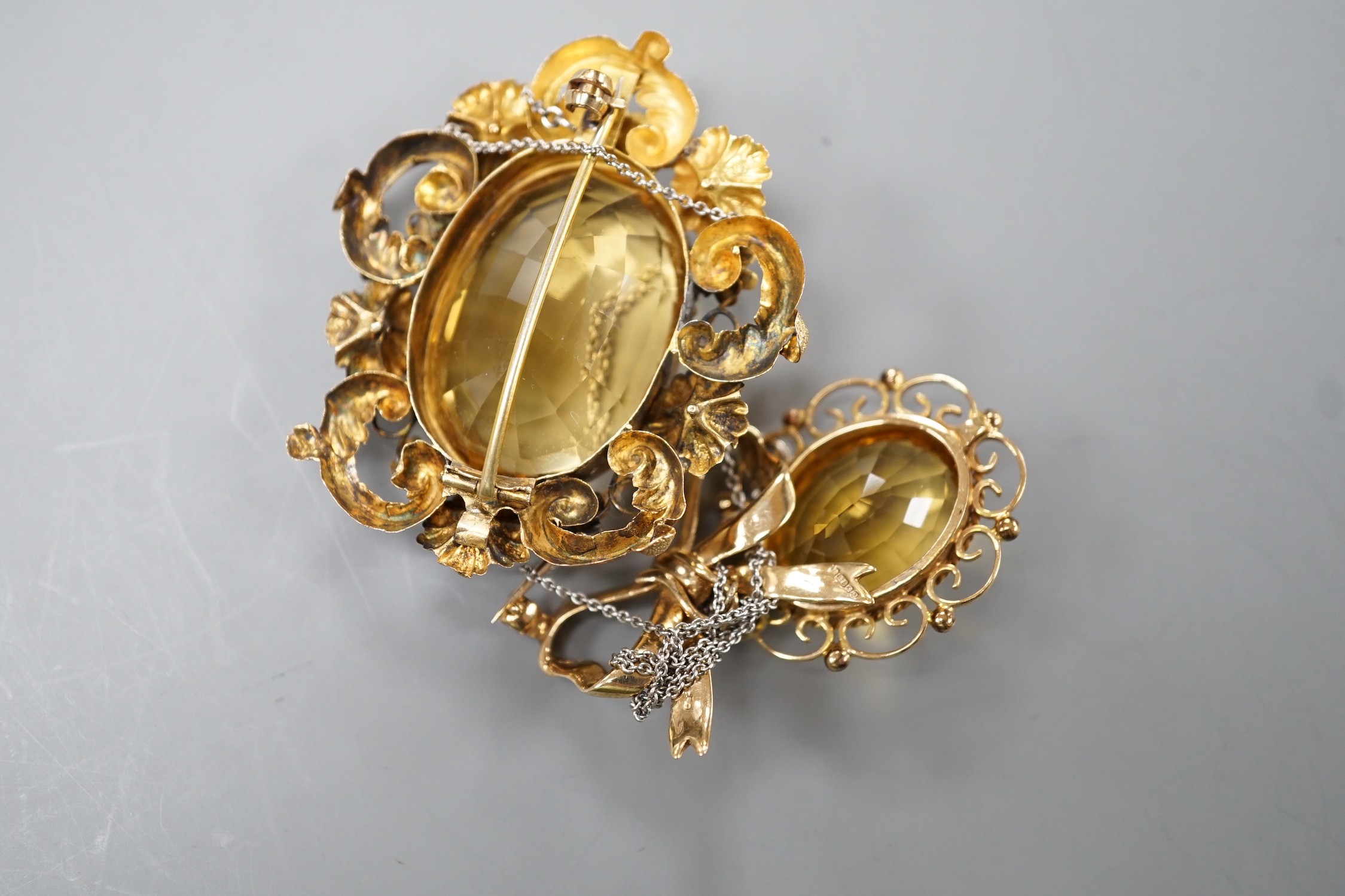 A late Victorian yellow metal and oval cut citrine set brooch, 49mm and a modern 9ct gold and oval - Image 2 of 2