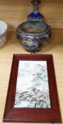 A Chinese framed ceramic plaque, a Chinese cloisonné enamel vase and bowl, plaque 30cms high x 15cms