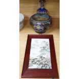 A Chinese framed ceramic plaque, a Chinese cloisonné enamel vase and bowl, plaque 30cms high x 15cms