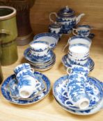 A Caughley blue and white fluted part tea and coffee service, c.1780, each piece printed in blue and