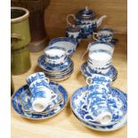 A Caughley blue and white fluted part tea and coffee service, c.1780, each piece printed in blue and