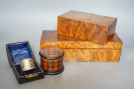Burr walnut and parquetry box, burr yew box, tartanware box and cased silver napkin ring, tartan box