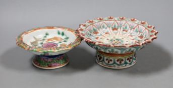 A Chinese Straits enamelled porcelain stem dish, together with a smaller footed koi famille rose