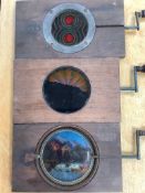 Three Victorian mechanical mahogany and glass lantern slides and a collection 19th/20th century