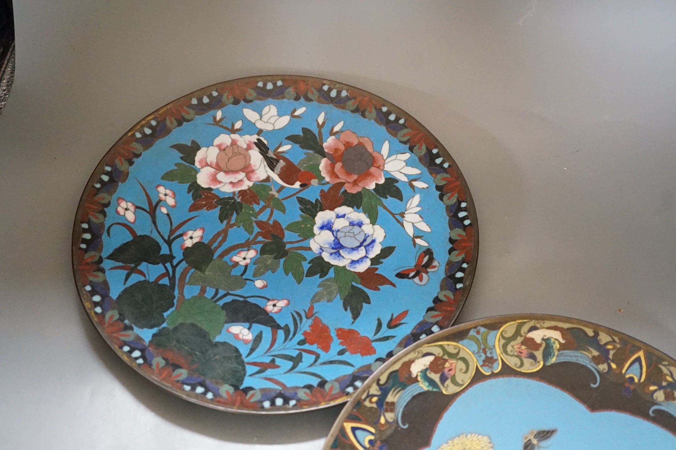 Two Japanese cloisonné enamel dishes, 30cms diameter - Image 2 of 5