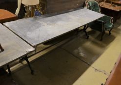 A Victorian style rectangular zinc topped cast metal garden table, length 210cm, depth 69cm,
