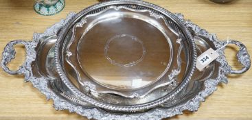 A large Victorian two handled silver plated tray and two others. Largest 65.5cm handle to handle