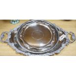 A large Victorian two handled silver plated tray and two others. Largest 65.5cm handle to handle