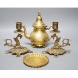 A pair of French brass 'dragon' candlesticks, a similar teapot and stand, tallest 20cm