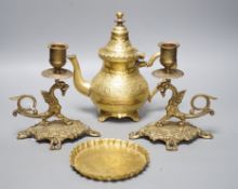 A pair of French brass 'dragon' candlesticks, a similar teapot and stand, tallest 20cm