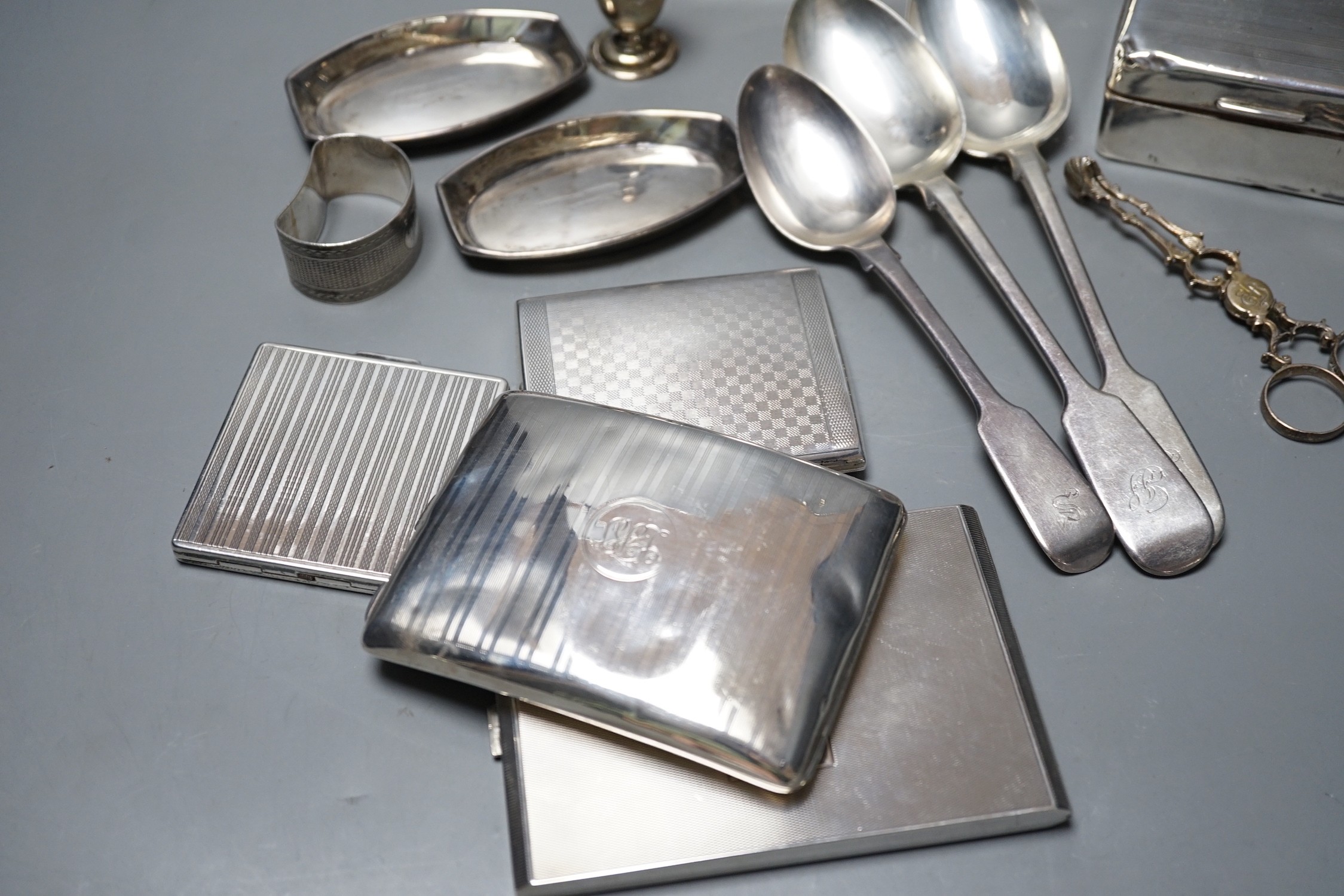 Mixed silver or white metal items including two cigarette boxes, three cigarette cases, cutlery, - Image 4 of 4