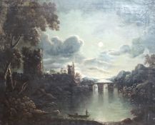 After Pether, oil on canvas, Moonlit riverscape, 50 x 60cm