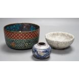 A Chinese crackle ware bowl a blue and white ink pot and a cloisonné enamel cover, crackle ware bowl