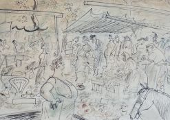 Walter Goetz (1911-1995), ink and wash, Market in Paris, 1949 Redfern Gallery label verso, 17 x 24.