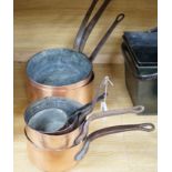 Seven graduated copper saucepans