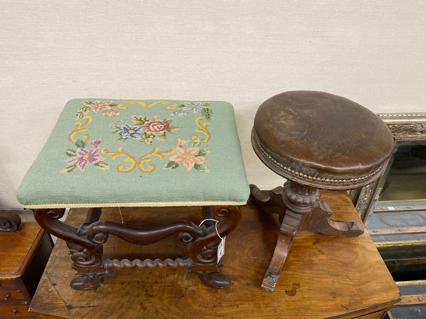 A Victorian rosewood dressing stool and a revolving adjustable piano stool - Image 2 of 2