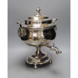 A 19th century silver plated tea urn, Egyptianesque handles, 43cm