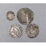 British coins, Elizabeth I shilling, sixpence and threepence and a James I shilling.
