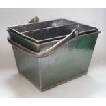 A green painted metal housekeeper's box and tray, 30cms wide x 22cms high