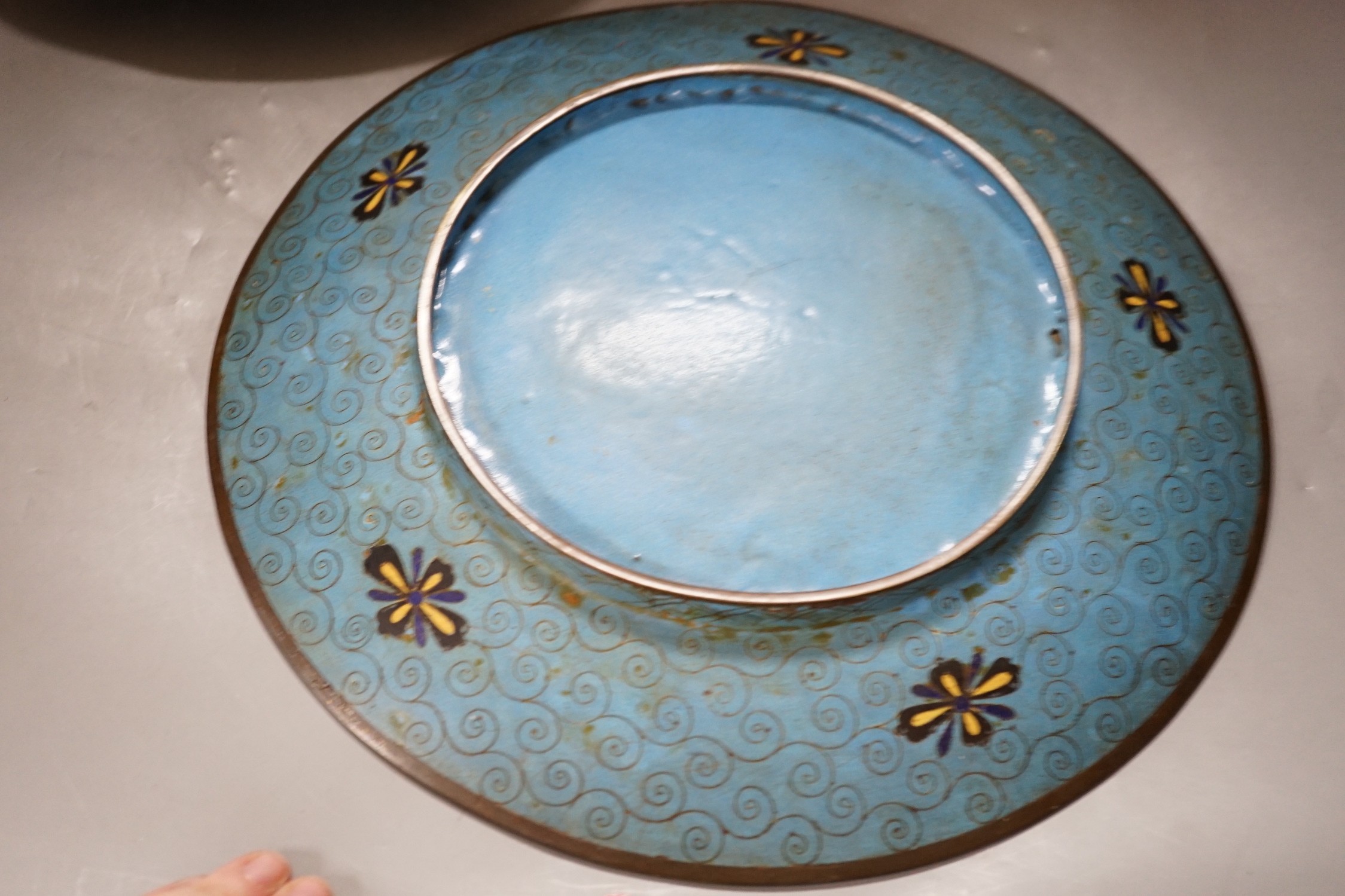 Two Japanese cloisonné enamel dishes, 30cms diameter - Image 5 of 5