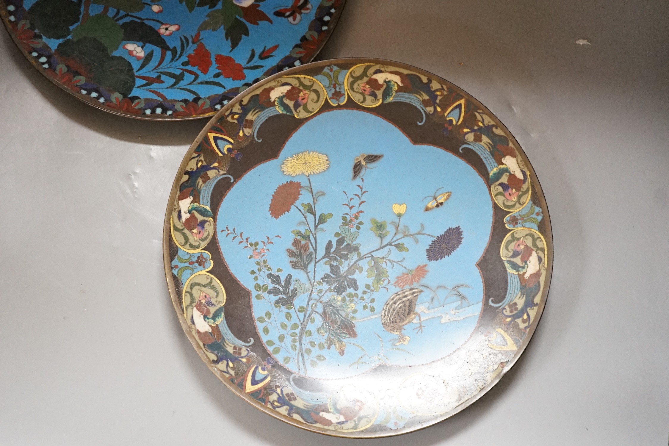 Two Japanese cloisonné enamel dishes, 30cms diameter - Image 3 of 5