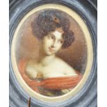 19th century Continental School, oil on panel, Miniature portrait of a lady, 9 x 7.5cm
