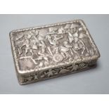A Chinese export white metal snuff box, maker YS, 66mm, embossed with figures at various pursuits.