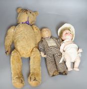 A plush teddy bear a cloth male doll and a bisque headed Armand Mareseille open mouthed doll, doll